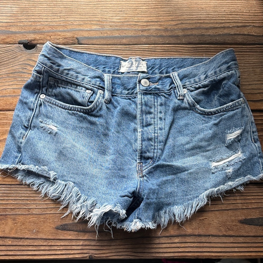 Free People Blue Distressed Jean Shorts